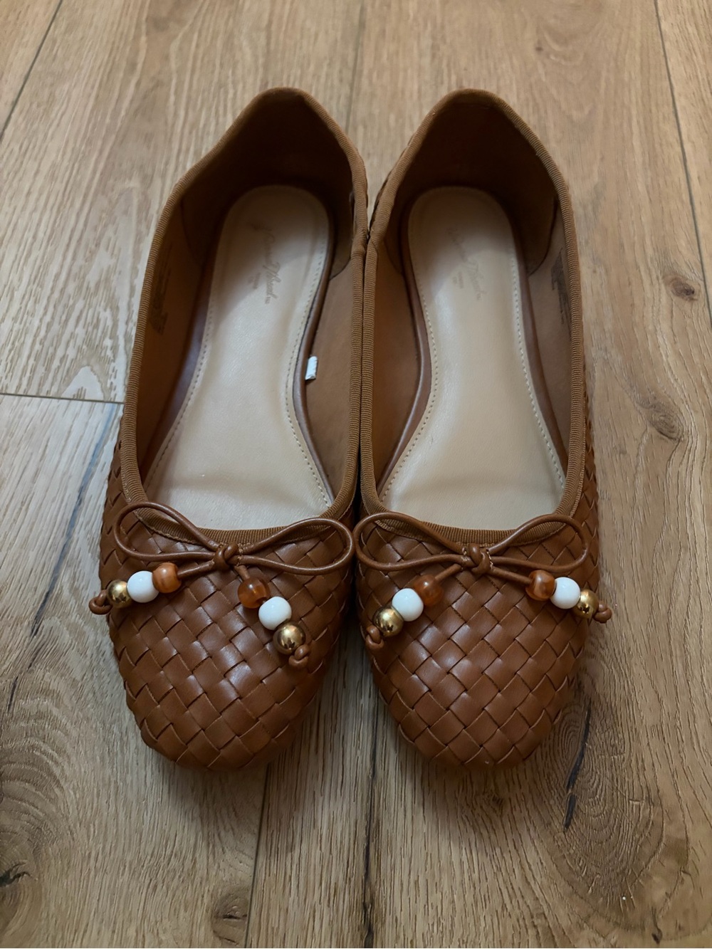Universal Thread Woven Ballet Flats in Cognac Brown with Bead Detail